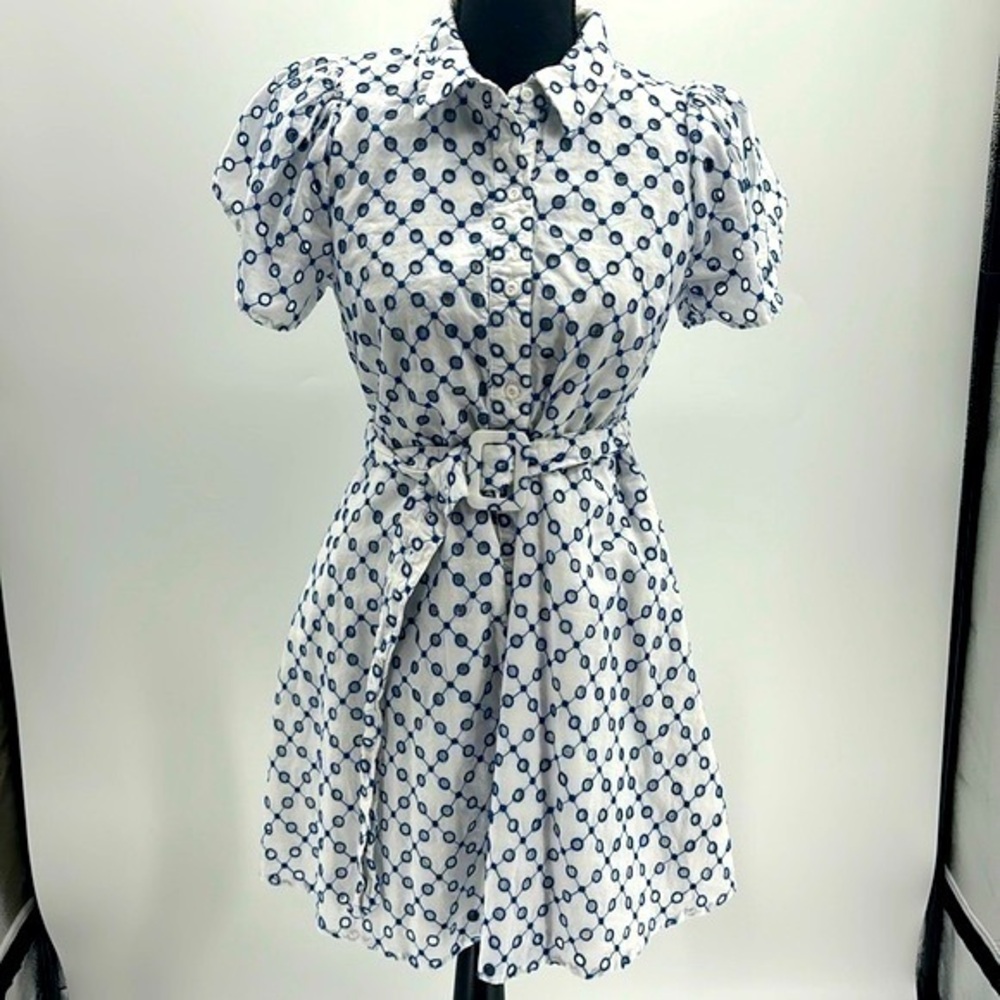 Alexis For Target Womens White Blue Eyelet Belted Collared Dress medium